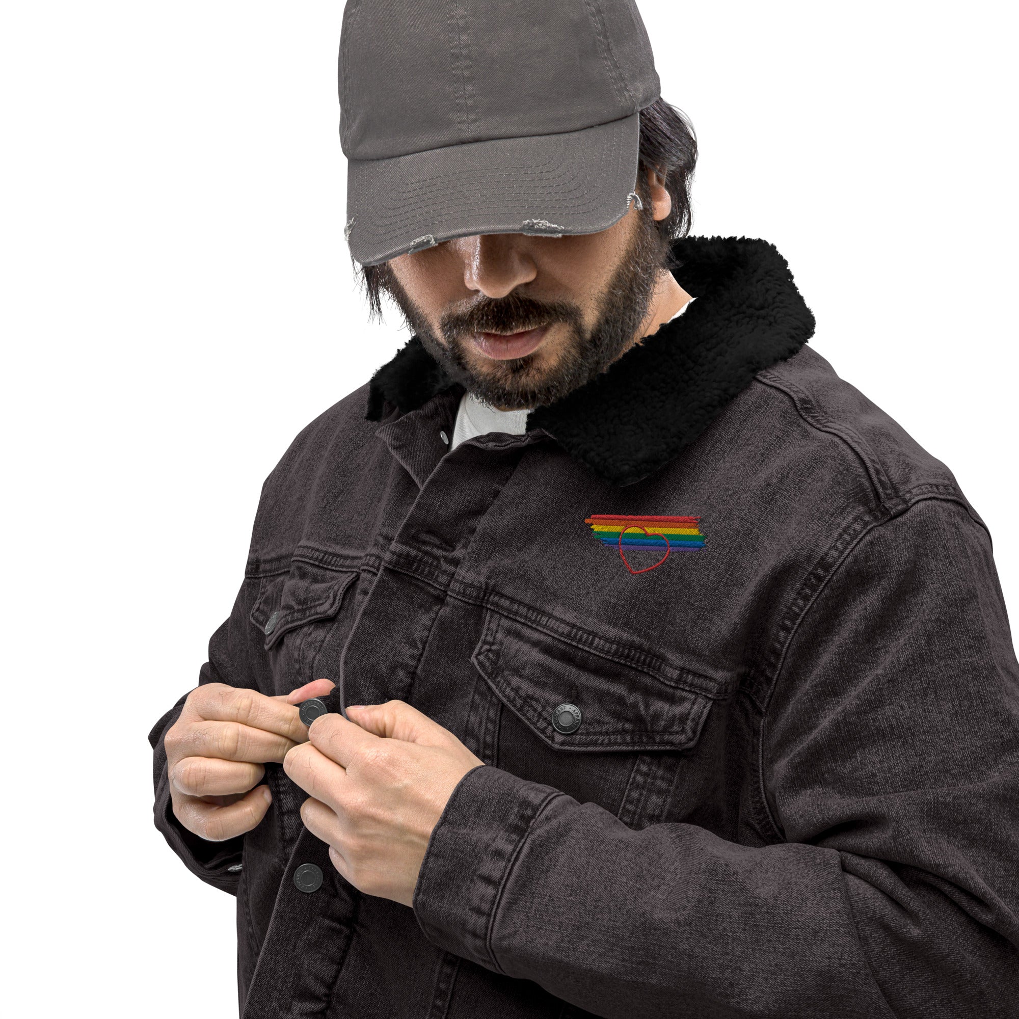 Proud Hearts - Embroidered Unisex denim sherpa jacket - JosephandMichael