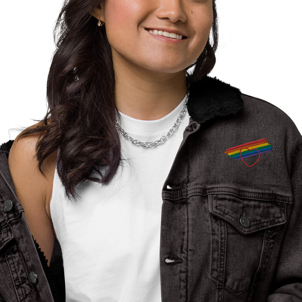 Proud Hearts - Embroidered Unisex denim sherpa jacket - JosephandMichael