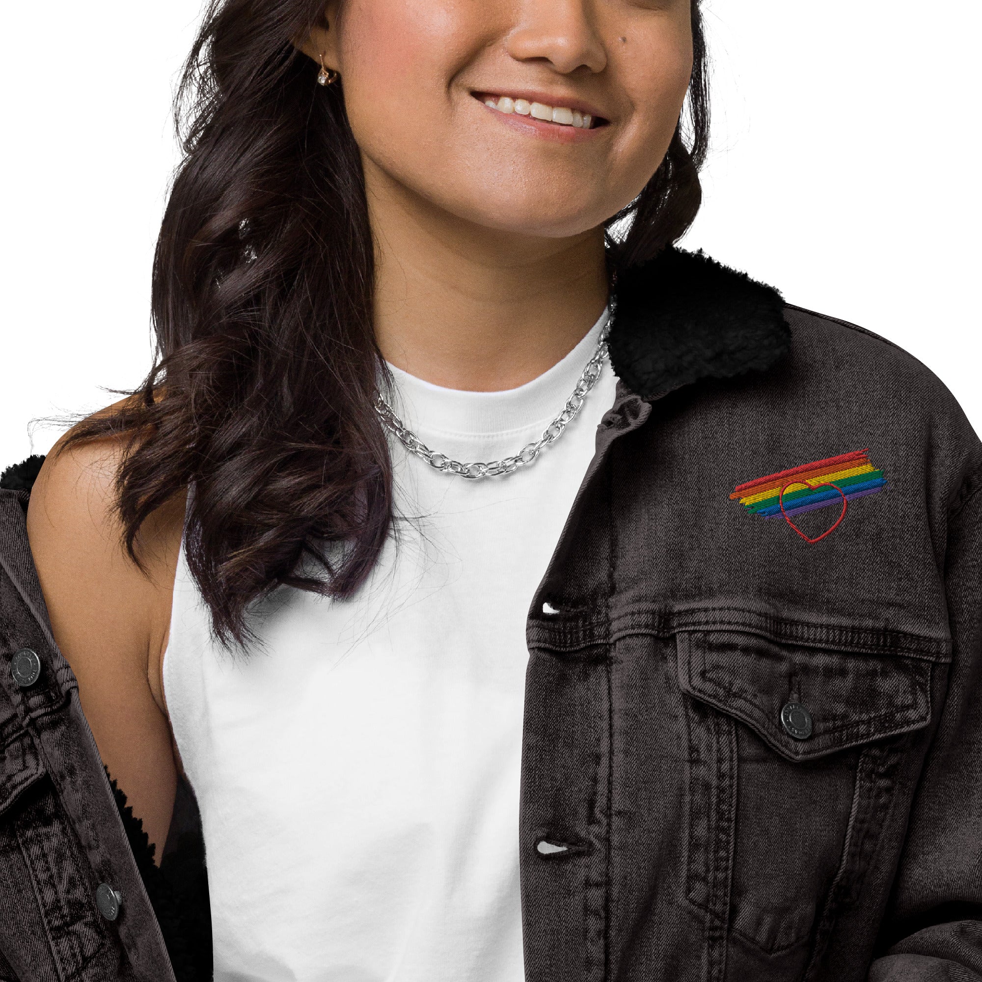 Proud Hearts - Embroidered Unisex denim sherpa jacket - JosephandMichael